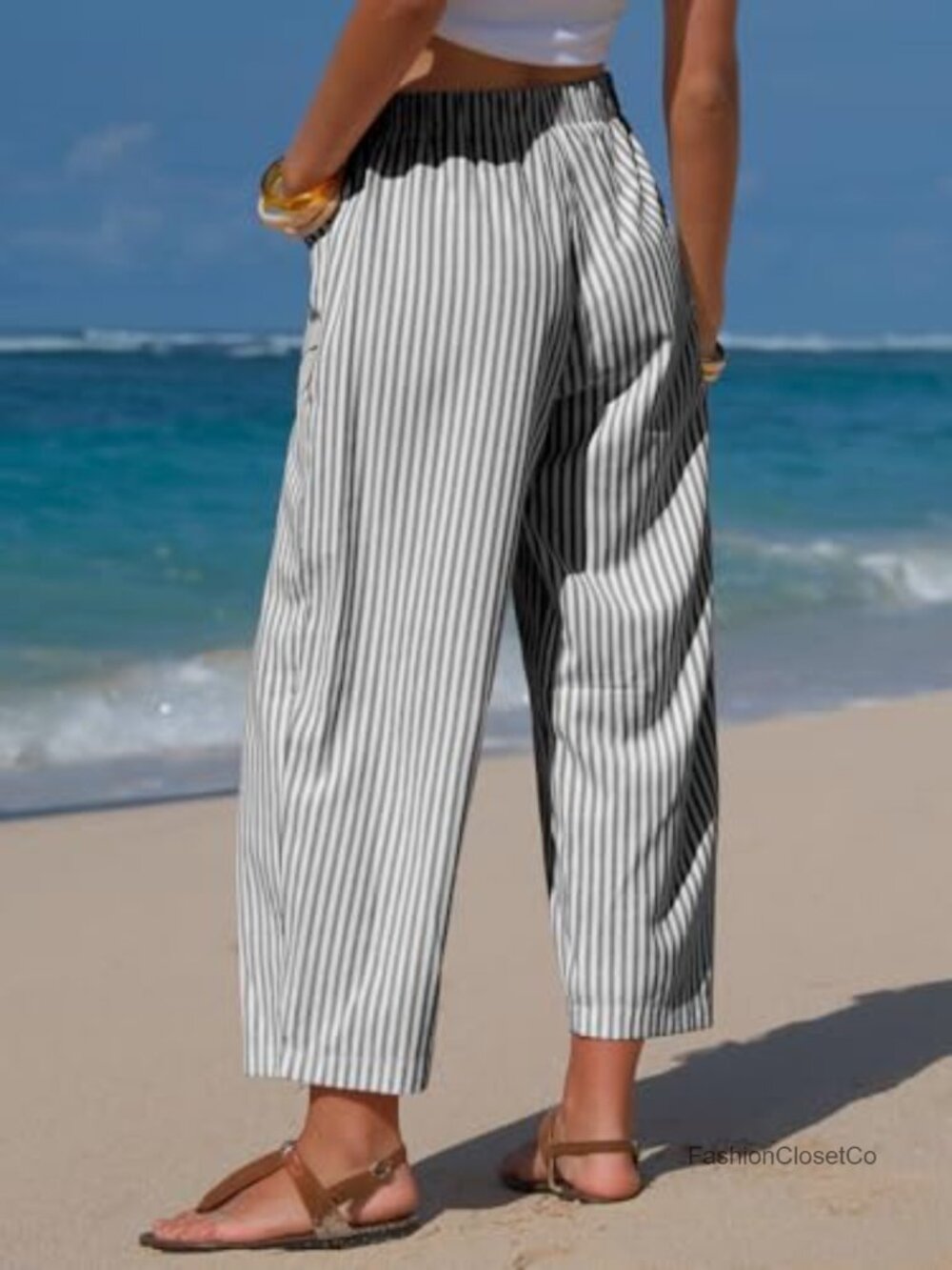 Faux Linen Striped Barrel Pants Drawstring Capri Lounge Trousers with Pockets - Picture 2 of 6